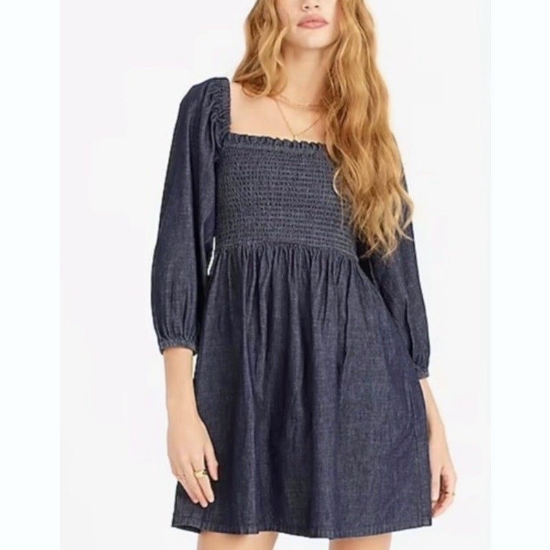 J Crew Womens Denim Mini Dress S Blue Puff Sleeve Smocked Chambray Western